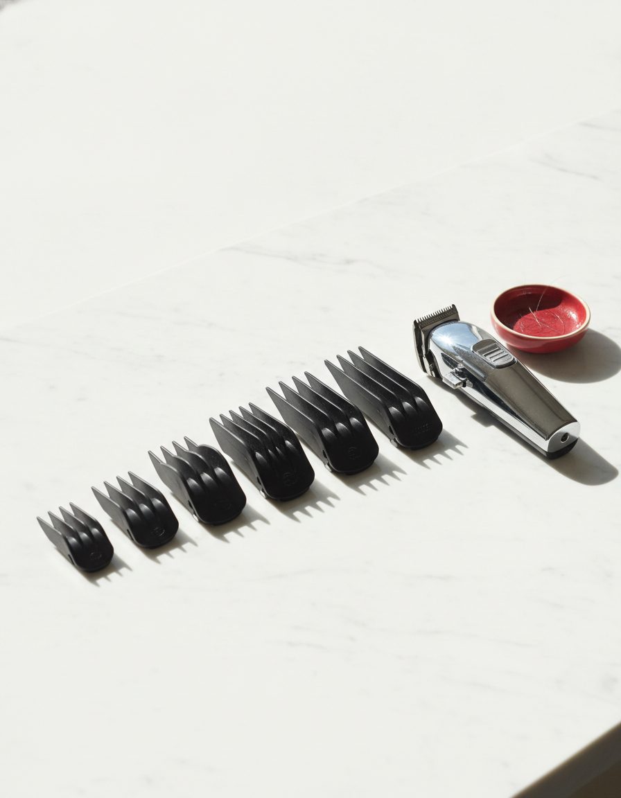 A row of clipper guard combs lined up shortest to longest on a bright marble counter beside chrome clippers