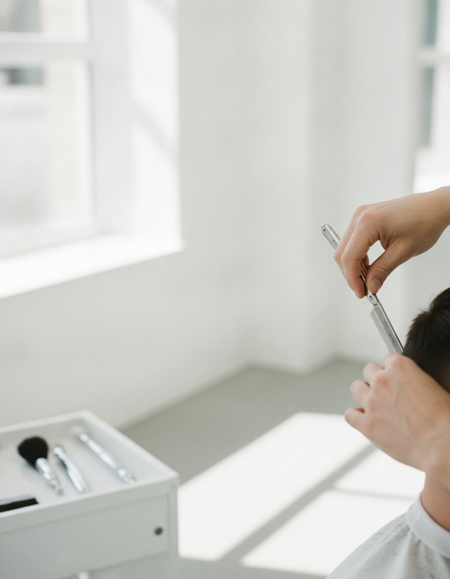 A barber's hands using a straight razor to line up a crisp hairline at the back of a client's head