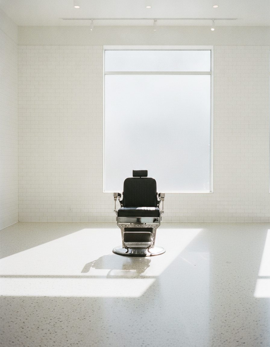 A single chrome and leather barber chair in a bright, empty shop with daylight across the floor
